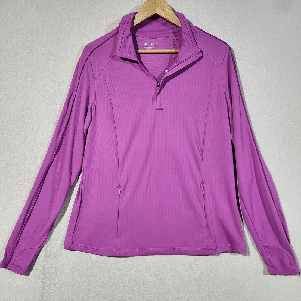 Mondetta Purple / Pink Active 1/4-Zip Long Sleeve Top Thumbholes Pockets Size L